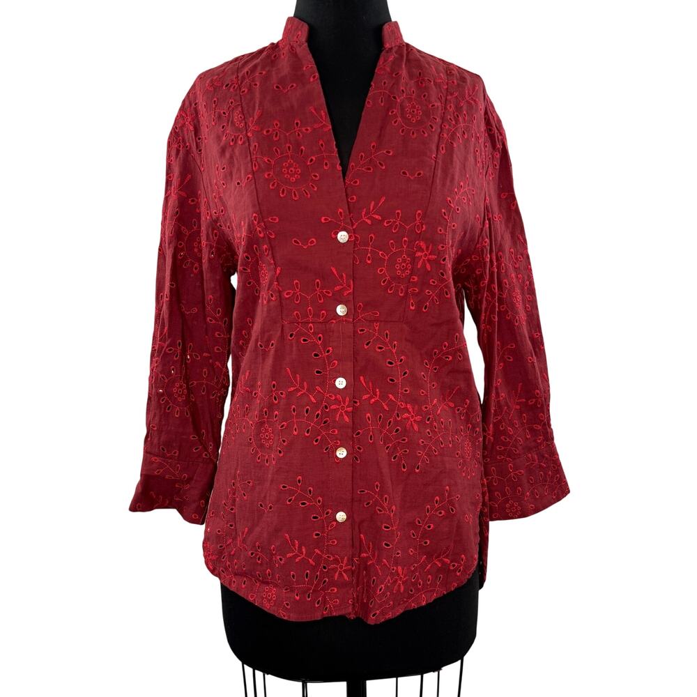 ZARA Red Blouse Cotton Embroidered Eyelet Split Neck Curved Hem Button-Up Sz XS